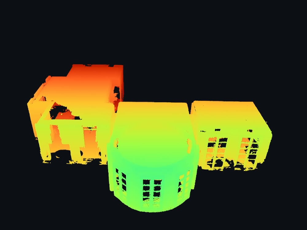Laser scan of a house as a point cloud coloured by depth