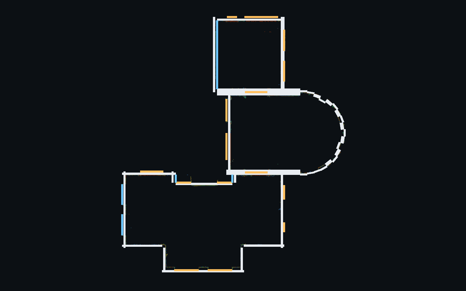 Measured walls with doors in amber and windows in cyan