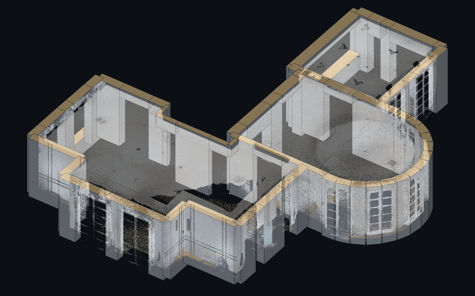 A building model generated from a laser scan, drawn inside the scan