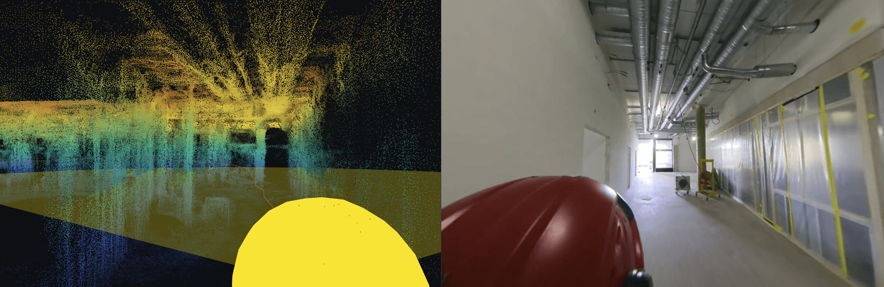 A point cloud reconstructed from 360° video next to the matching video frame